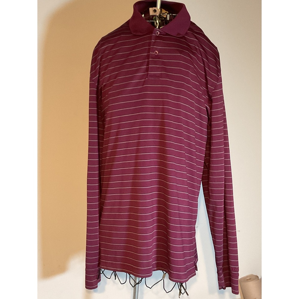 IZOD Golf Mens Large Maroon Burgundy Striped Long Sleeve Polo‎ Shirt Performance